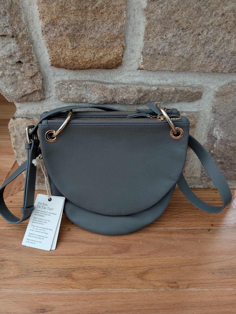 NEW Tic Tac Toe Gray Half-Moon Genuine Leather Crossbody Bag Interchangeable